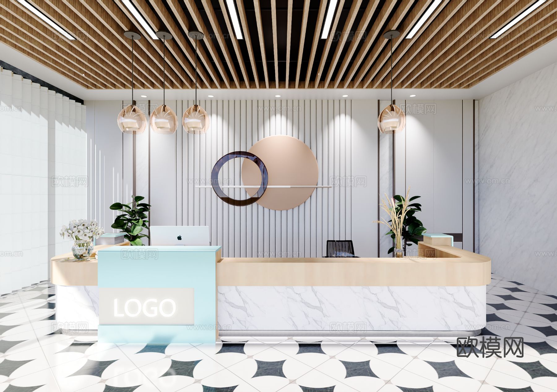 0053现代简约办公室前台接待台su模型