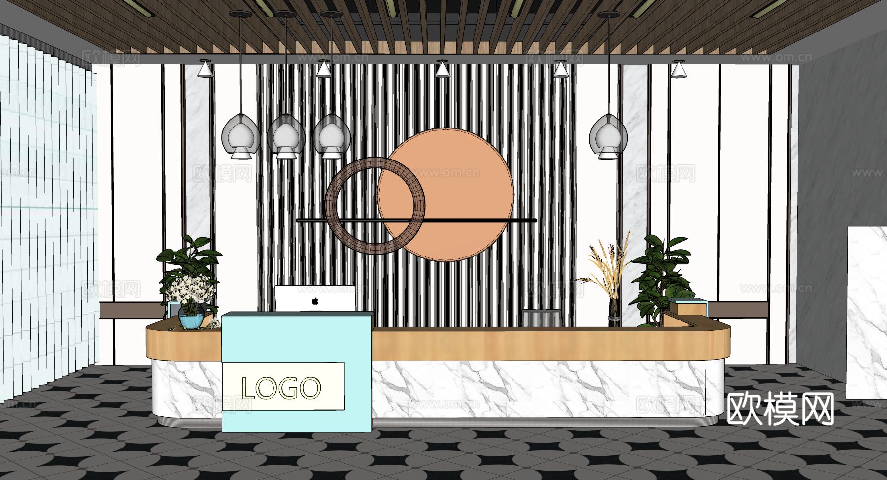 0053现代简约办公室前台接待台su模型