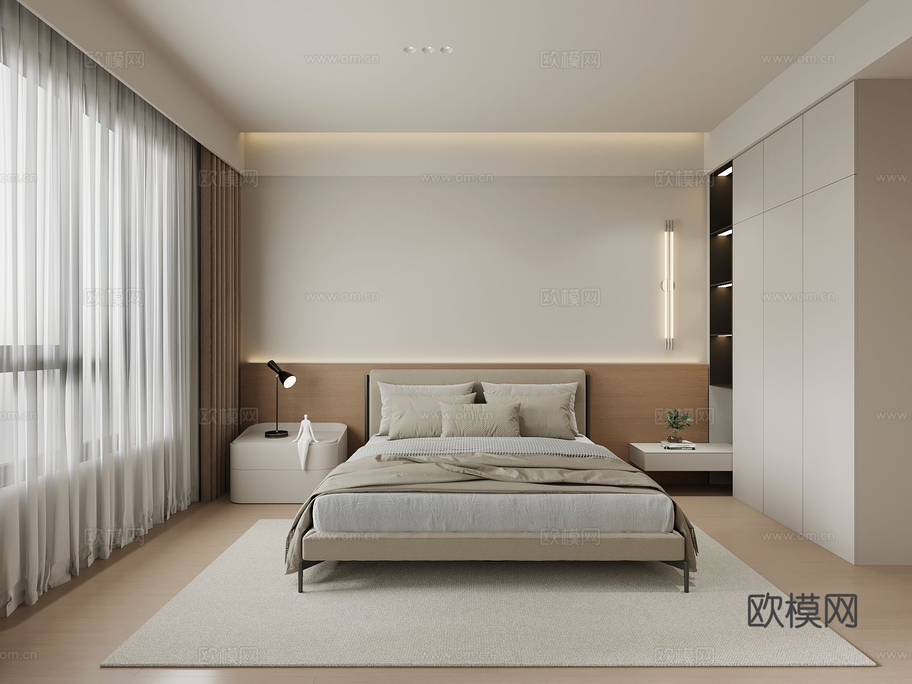 现代卧室 双人床 床头柜 衣柜su模型