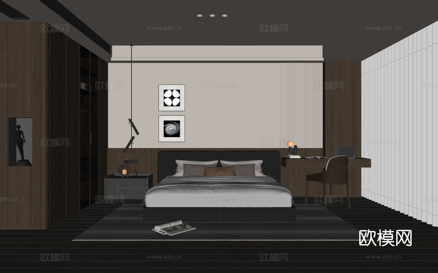 现代意式卧室 皮质双人床 床头柜 吊灯 挂画 书桌椅 衣柜su模型