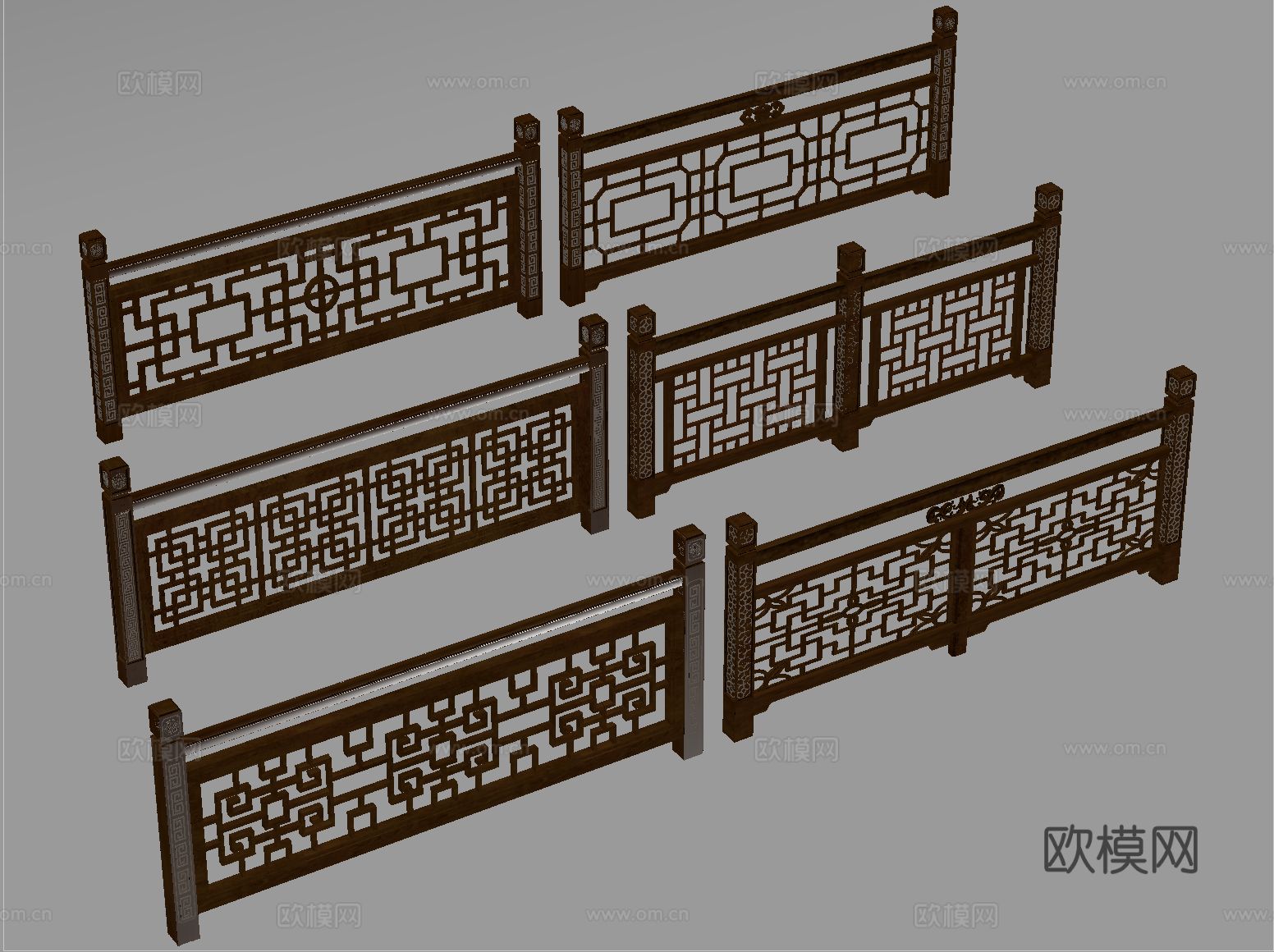 新中式栏杆护栏 栅栏围栏 实木围栏护栏su模型