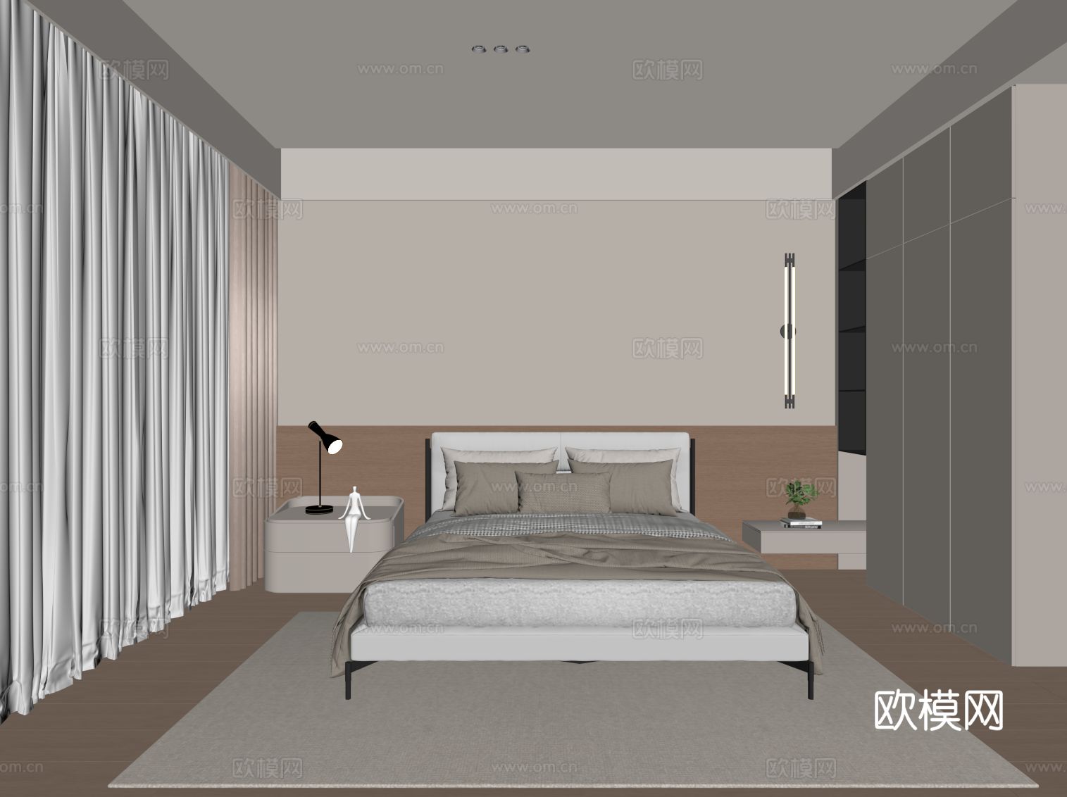 现代卧室 双人床 床头柜 衣柜su模型