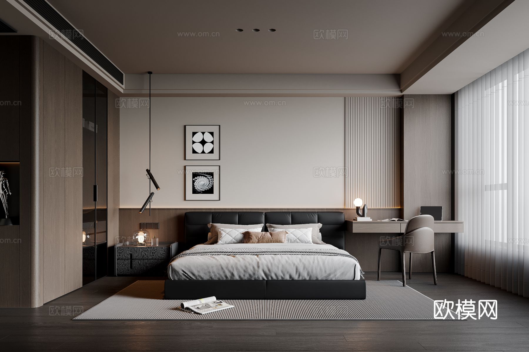 现代意式卧室 皮质双人床 床头柜 吊灯 挂画 书桌椅 衣柜su模型
