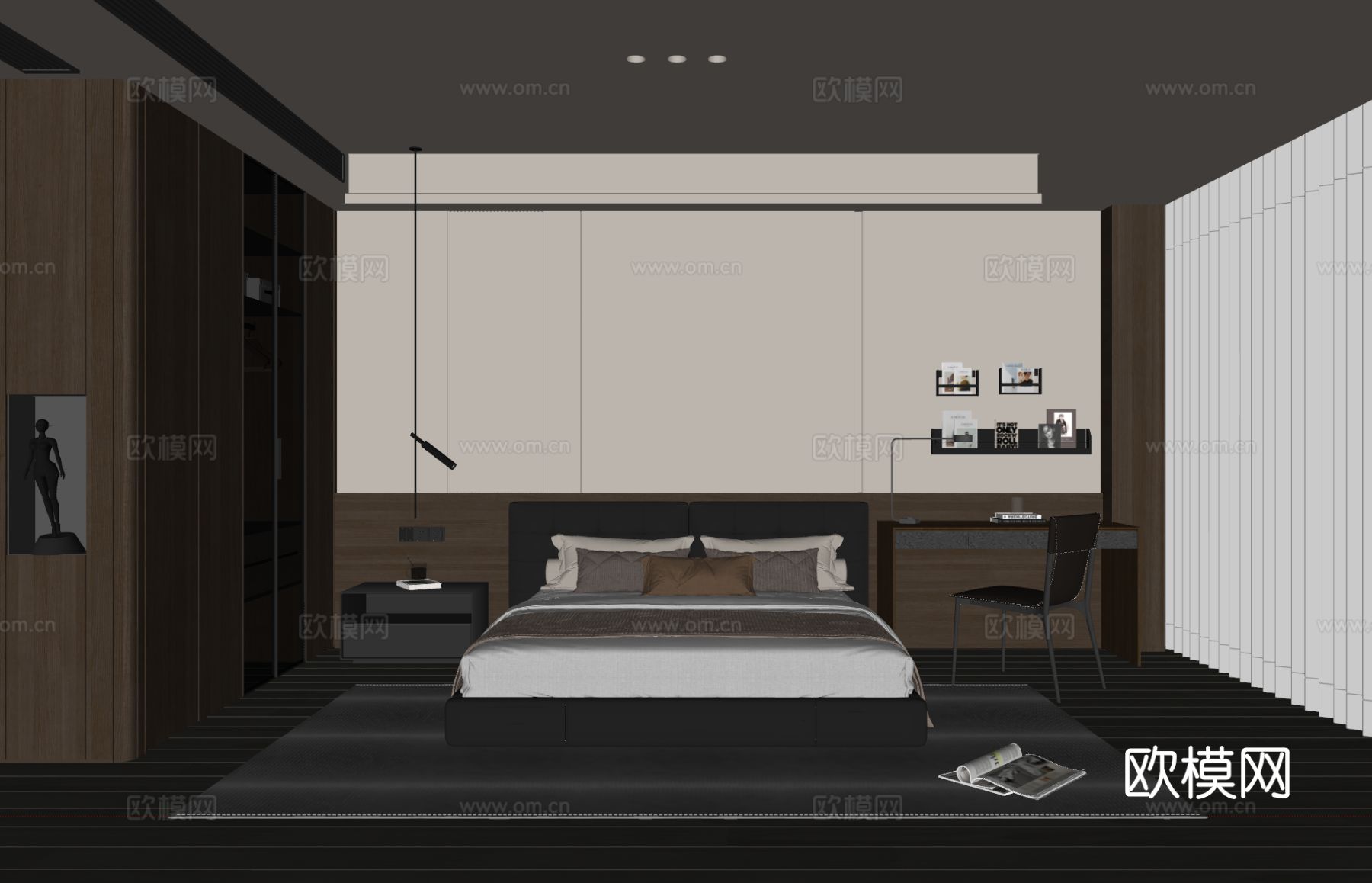 现代意式卧室 皮质双人床 床头柜 吊灯 书桌椅 衣柜su模型
