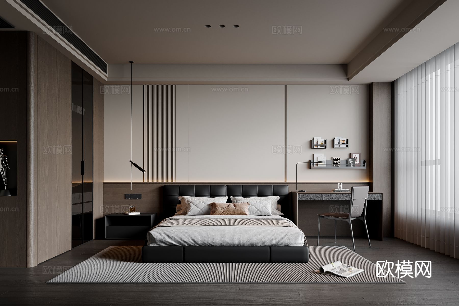 现代意式卧室 皮质双人床 床头柜 吊灯 书桌椅 衣柜su模型