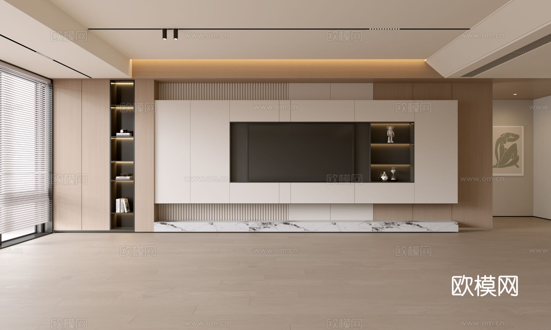 现代客厅 奶油客厅 电视背景墙 客厅背景 奶油风背景墙su模型下载（渲染图1）