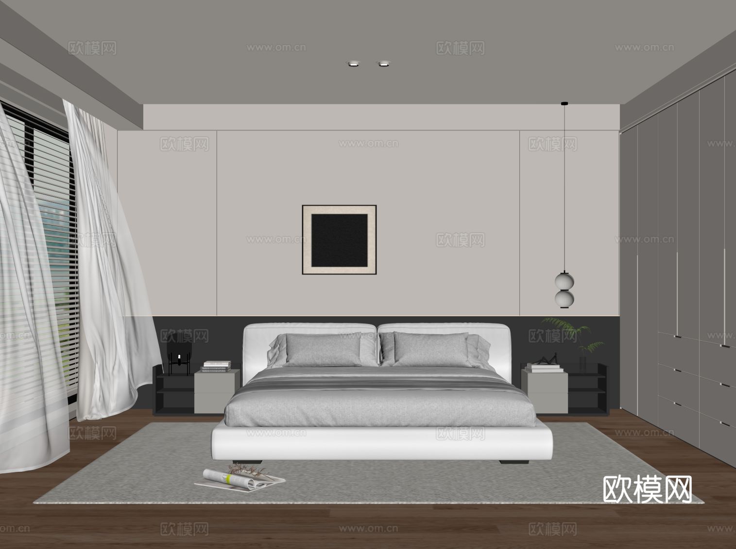 现代卧室 双人床 衣柜su模型