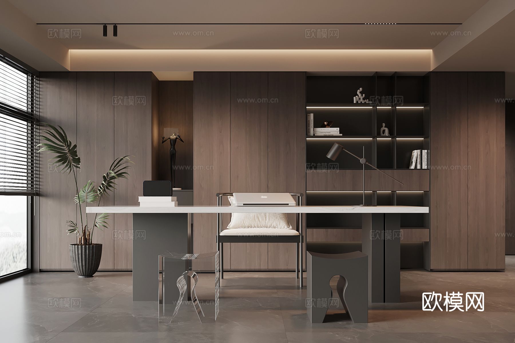 意式书房 书桌椅 书柜su模型