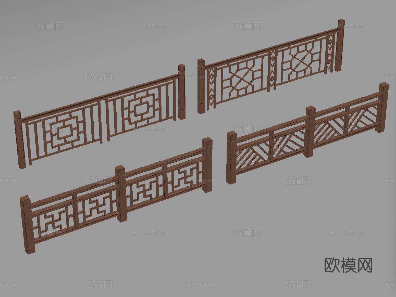 新中式栏杆护栏 栅栏围栏 实木围栏护栏su模型