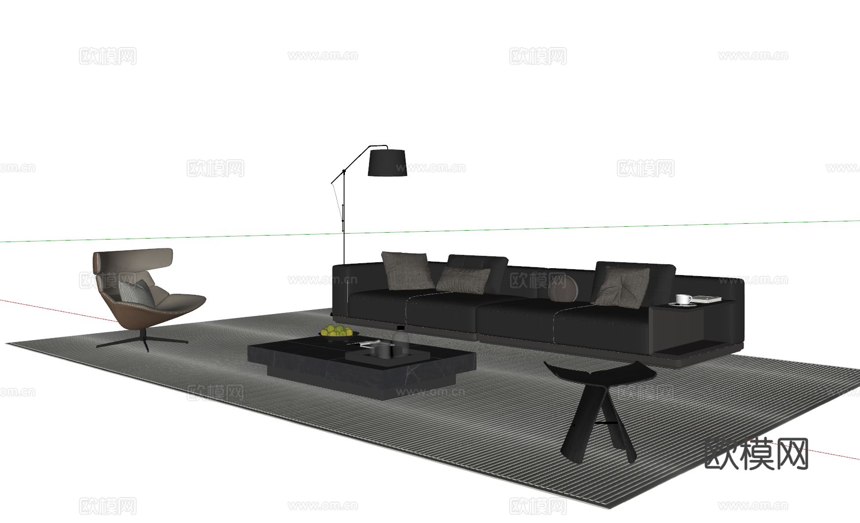 现代意式沙发茶几组合 多人沙发 皮质沙发 休闲椅 地毯su模型