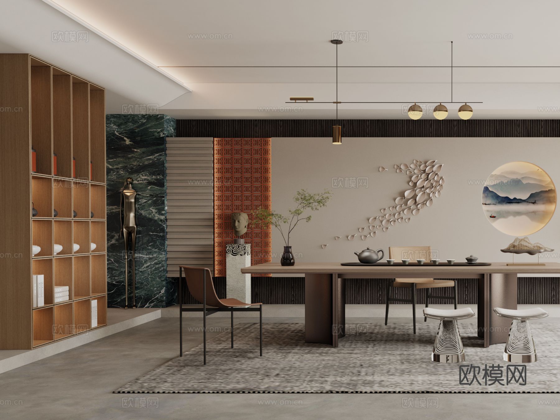 禅意新中式茶室 新中式茶室书房 禅意别墅茶室 禅意书房办公3d模型下载（渲染图2）