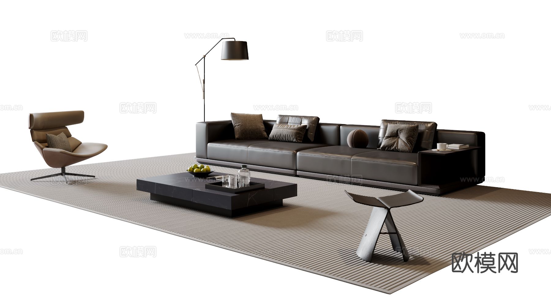 现代意式沙发茶几组合 多人沙发 皮质沙发 休闲椅 地毯su模型