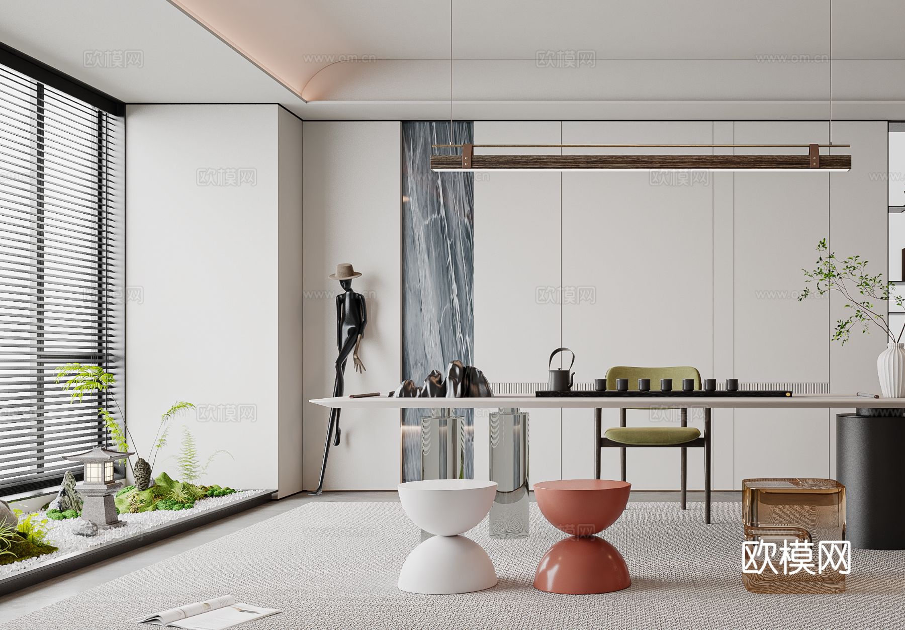 禅意新中式茶室 新中式茶室书房 禅意别墅茶室 禅意办公书房3d模型下载（渲染图2）