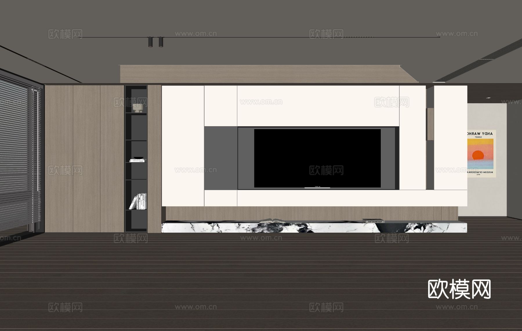 现代客厅 奶油客厅 电视背景墙 客厅背景 奶油风背景墙su模型下载（渲染图2）