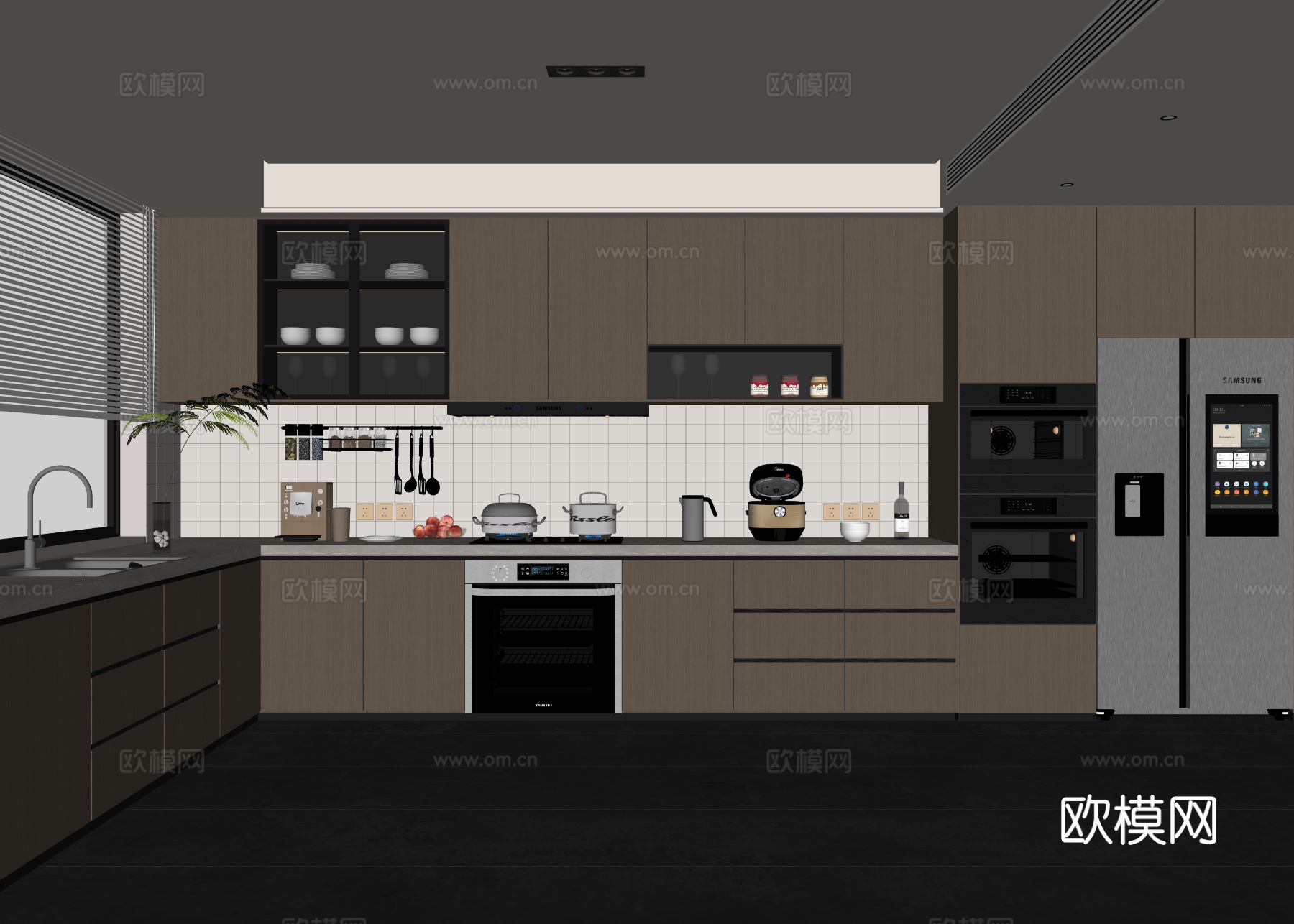 现代厨房 开放式厨房 餐桌 餐椅 吧台 吧椅 烤箱 咖啡机su模型