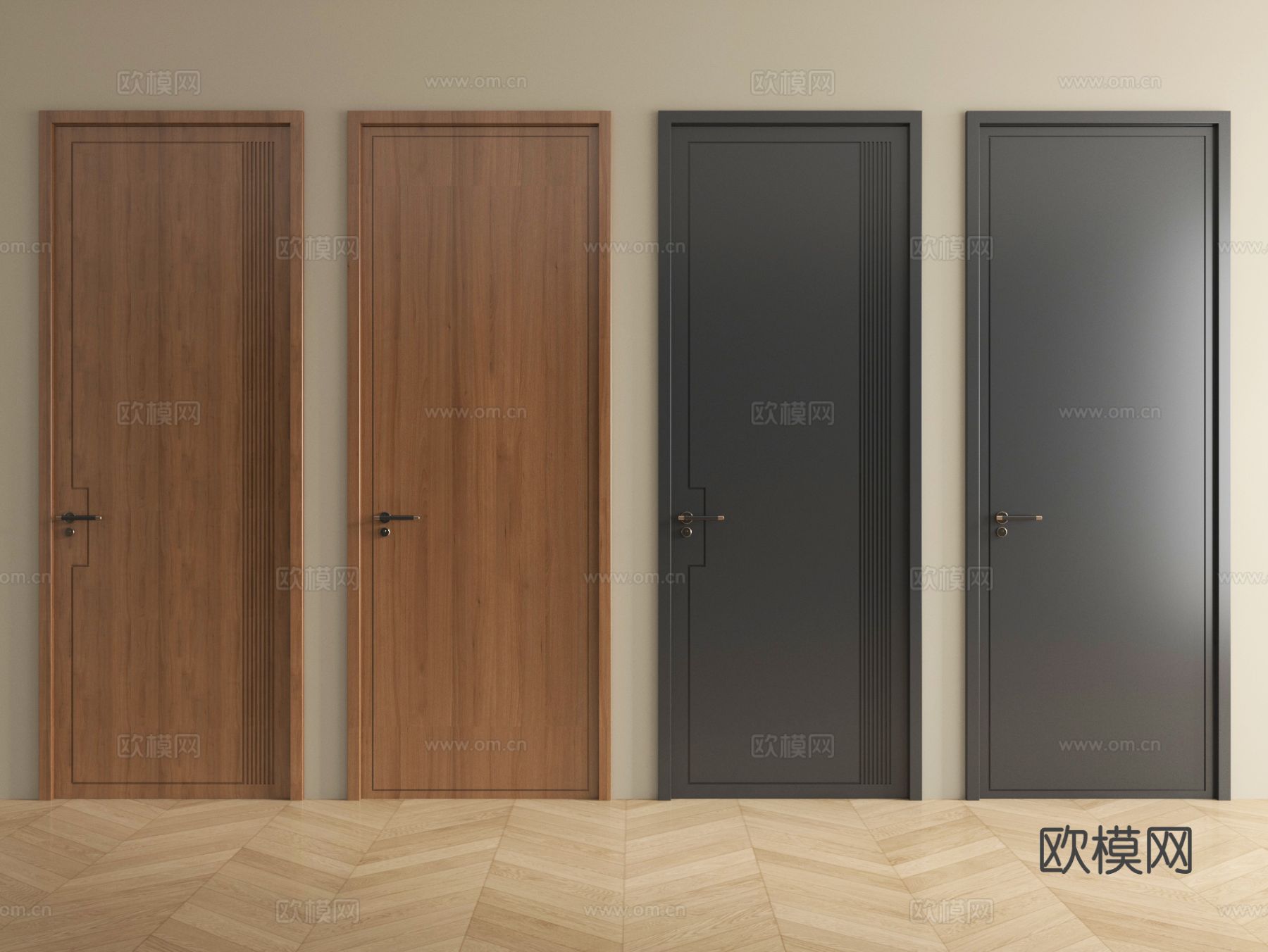 中古风实木平开门 窄框单开门 卧室门su模型