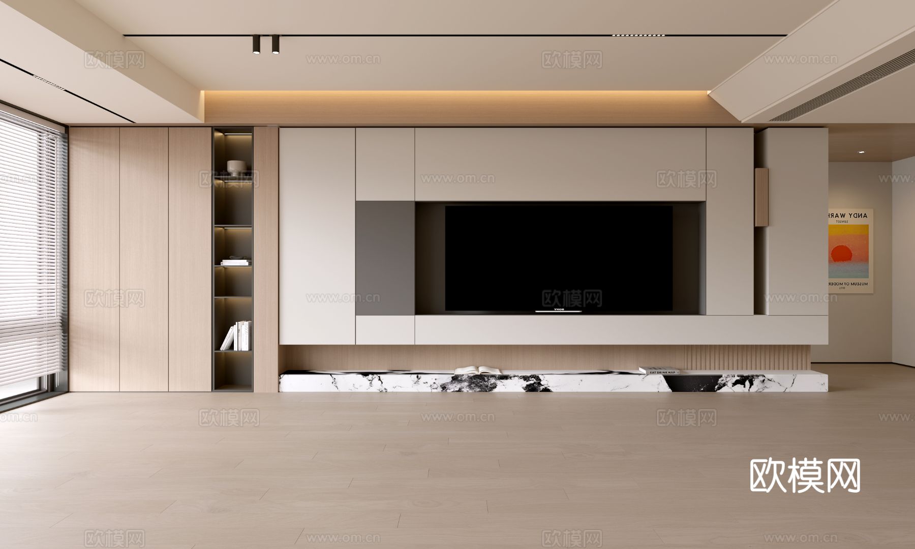 现代客厅 奶油客厅 电视背景墙 客厅背景 奶油风背景墙su模型下载（渲染图1）