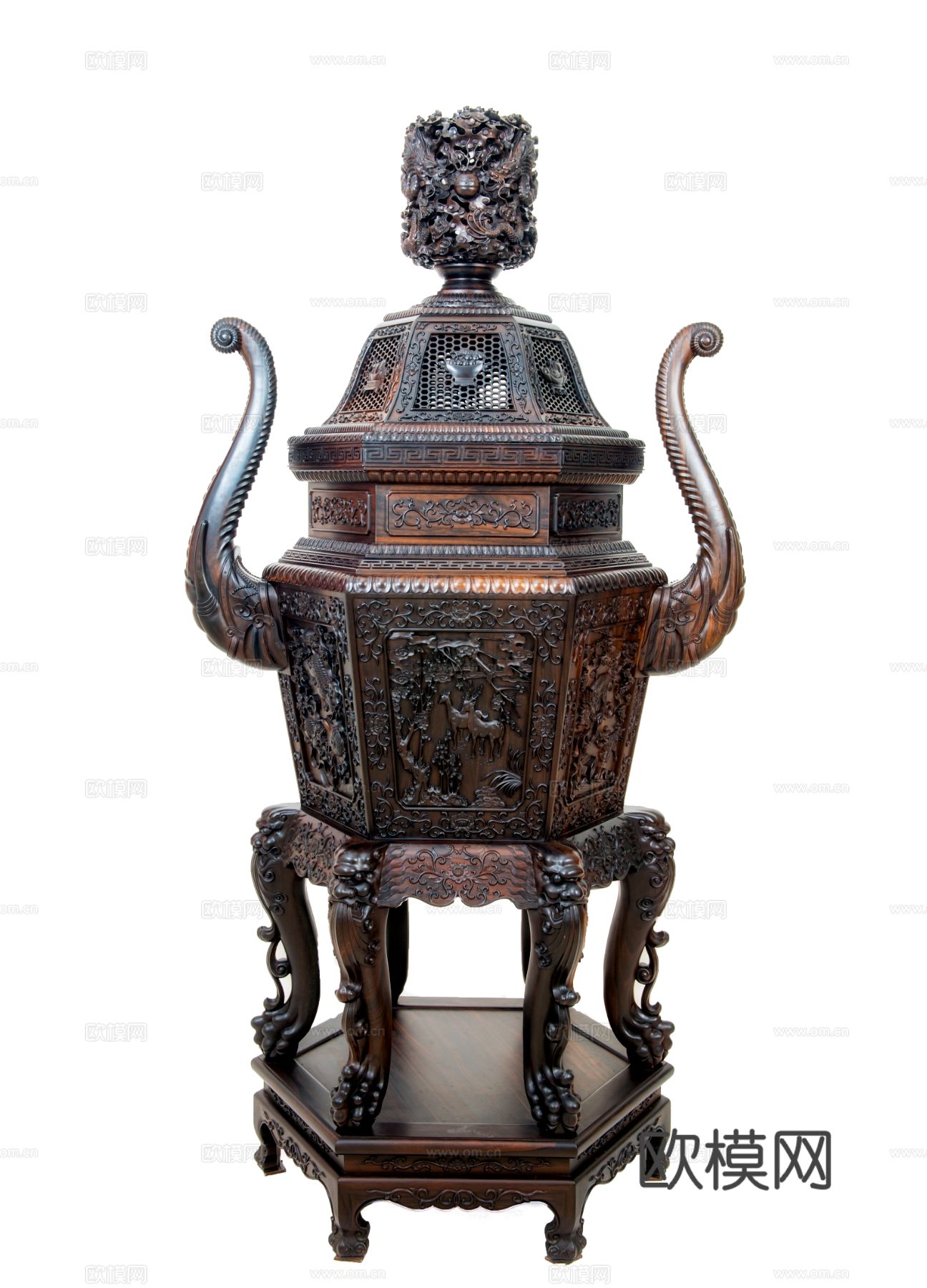 中式红木香炉3d模型下载（渲染图1）