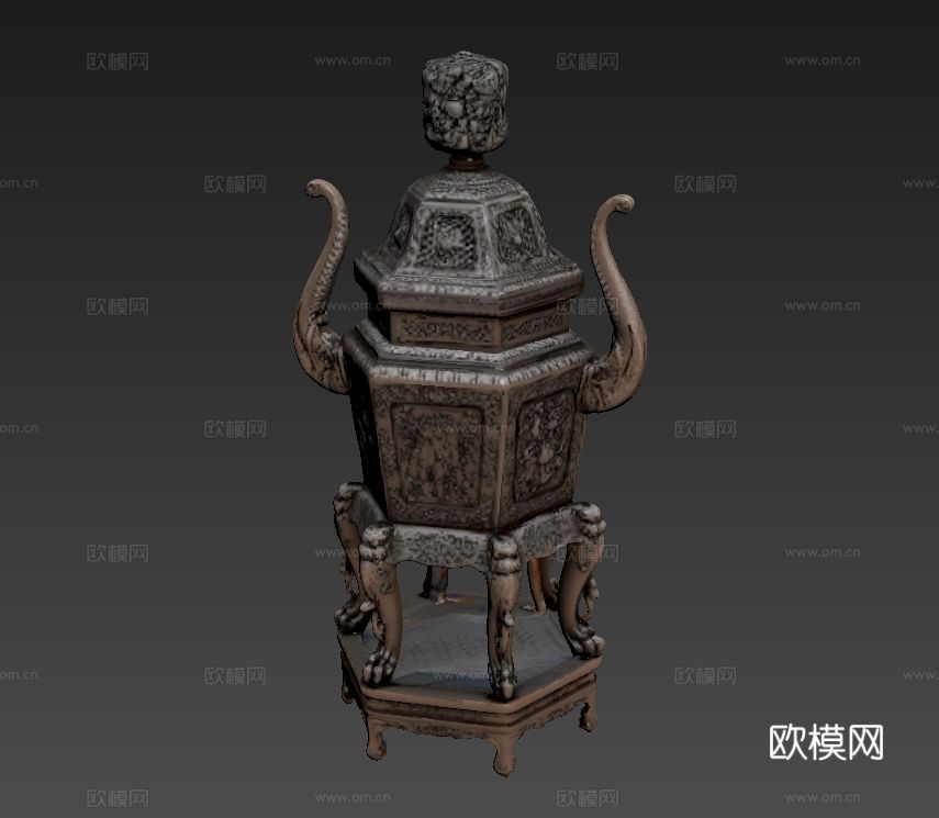 中式红木香炉3d模型下载（渲染图3）