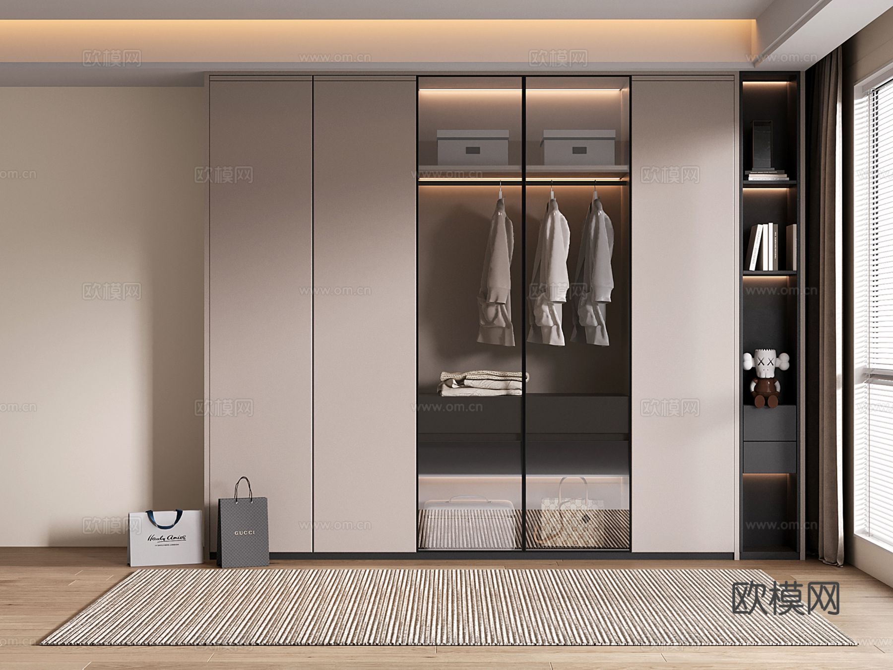 现代定制衣柜 开方格 玻璃门衣柜su模型