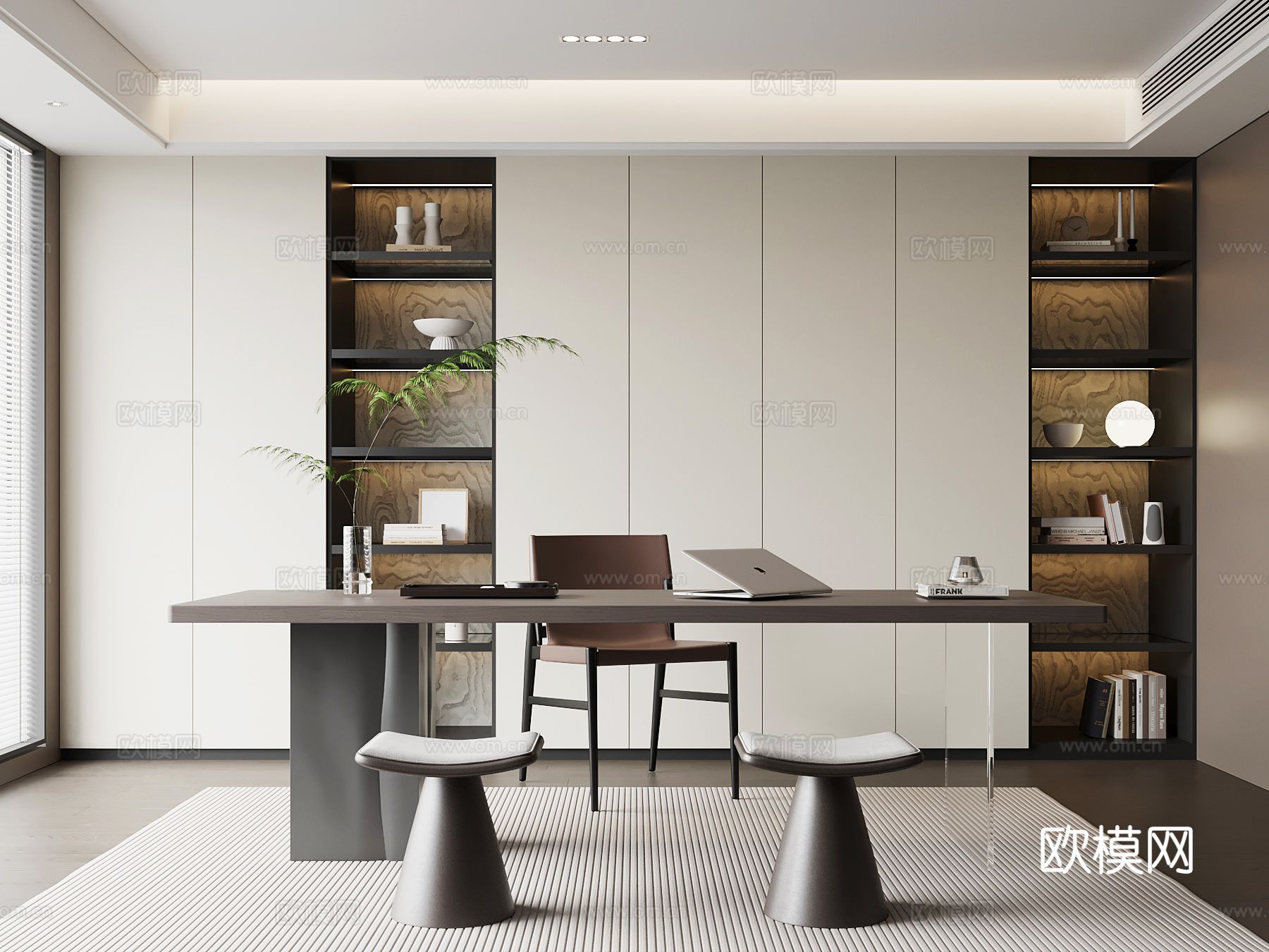 现代意式书房 书桌椅 书柜3d模型