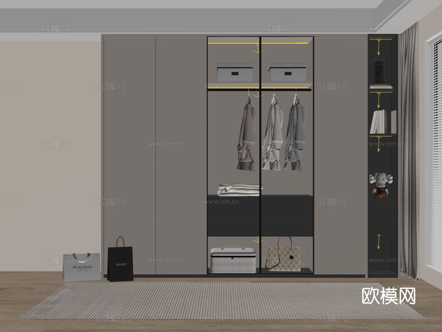 现代定制衣柜 开方格 玻璃门衣柜su模型