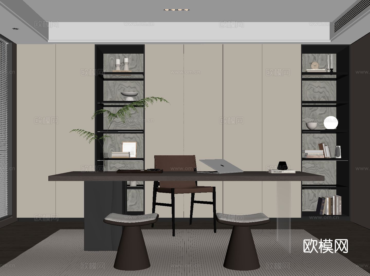 现代意式书房 书桌椅 书柜su模型