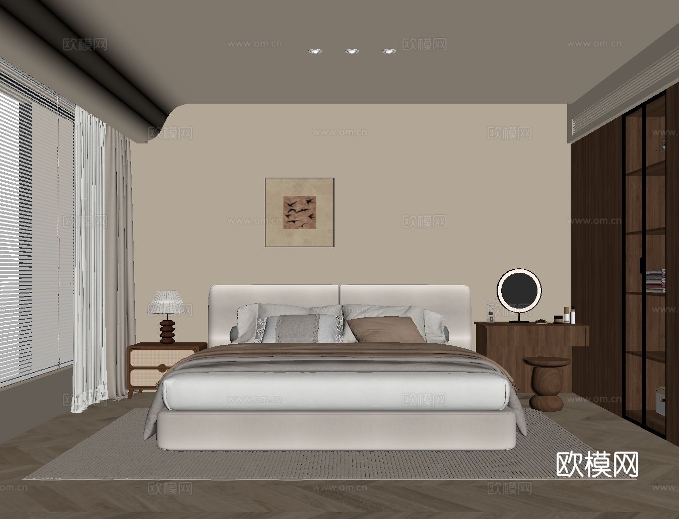 中古风卧室 衣柜 双人床su模型