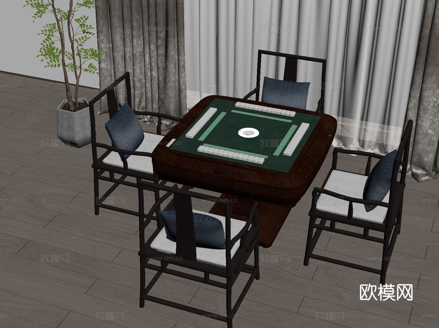 新中式麻将桌su模型