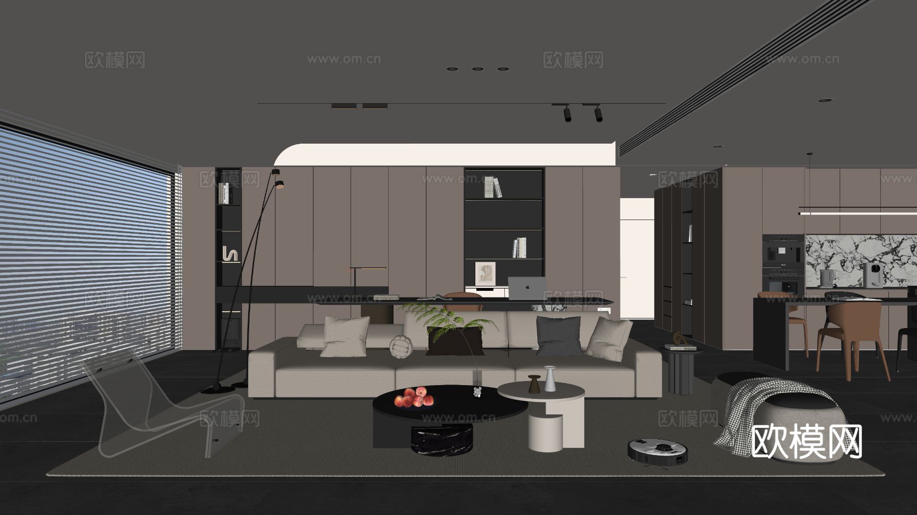 现代客餐厅 客厅 餐厅 沙发 茶几 墙饰挂画 摆件 盆栽su模型