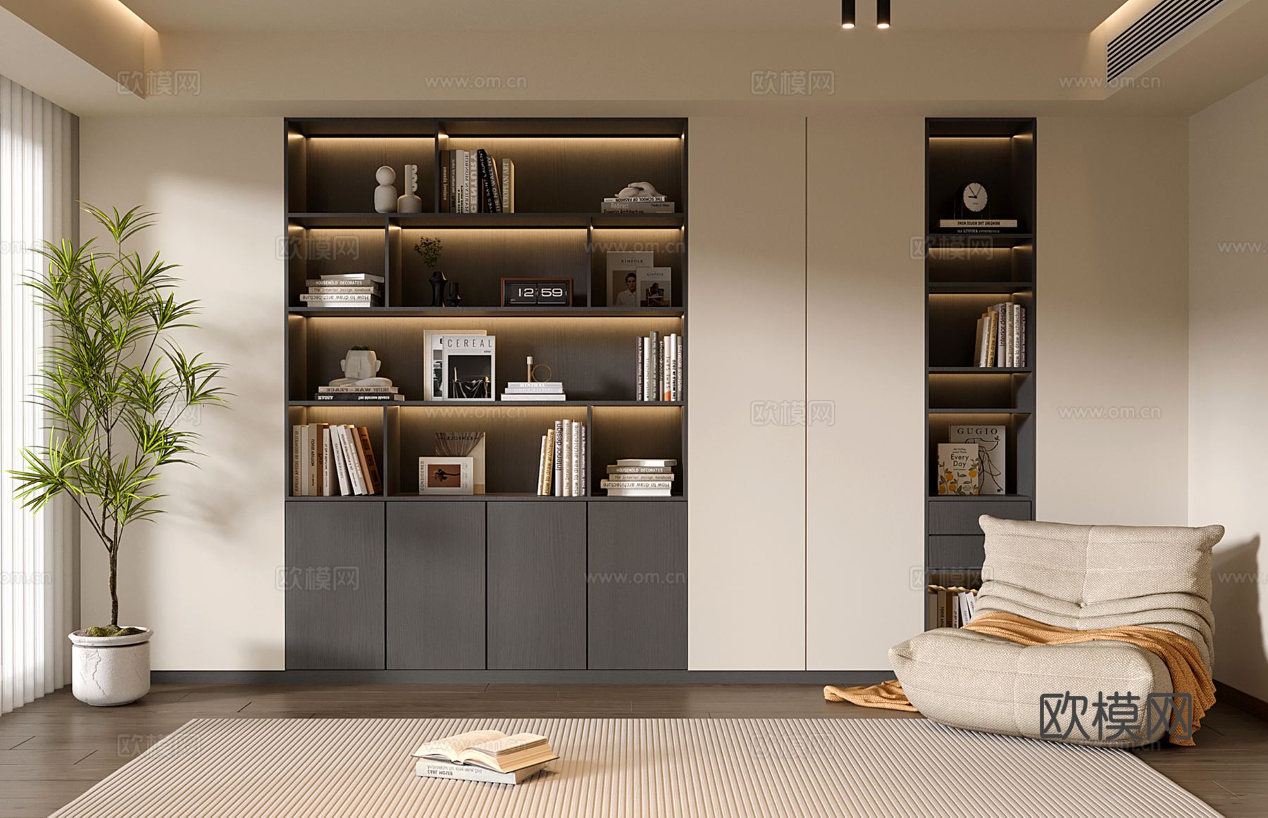 现代定制书柜 满墙开放书柜su模型