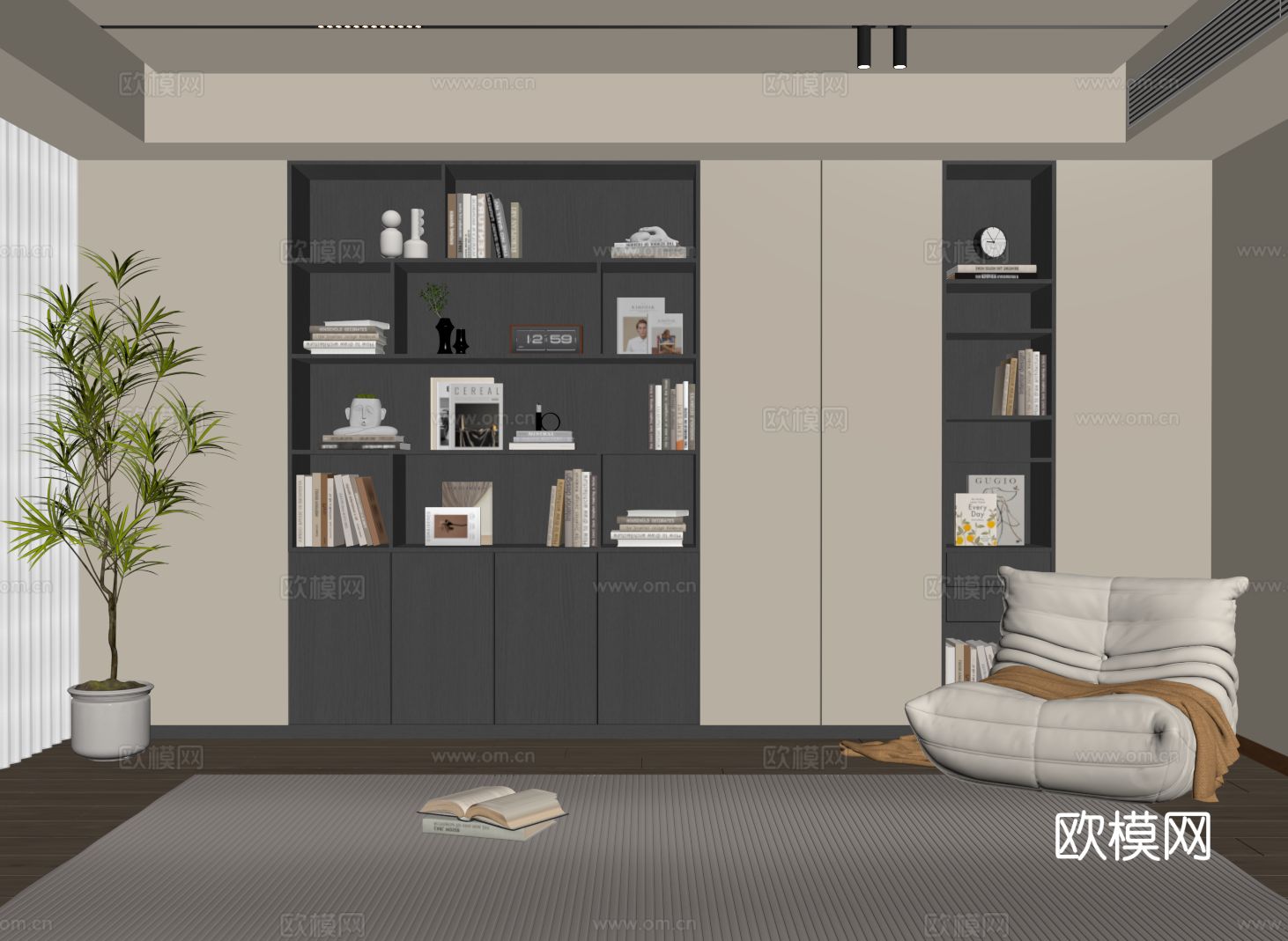 现代定制书柜 满墙开放书柜su模型