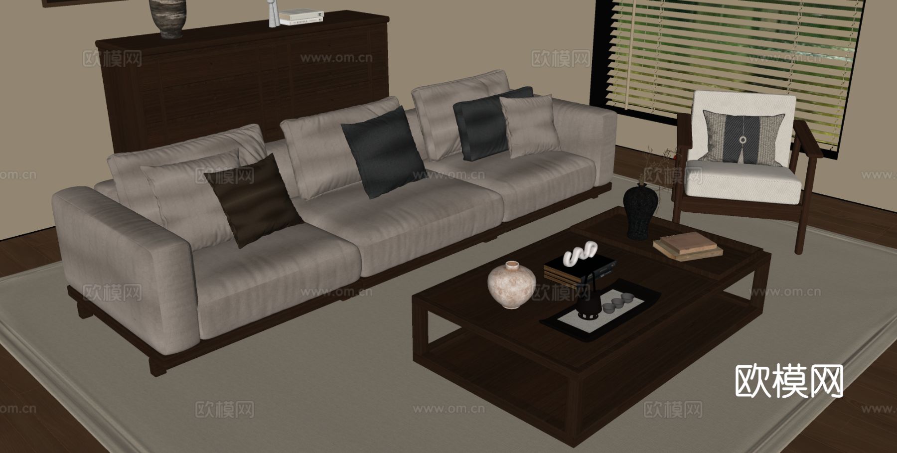 宋式沙发 多人沙发 直排沙发 三人沙发 边几su模型