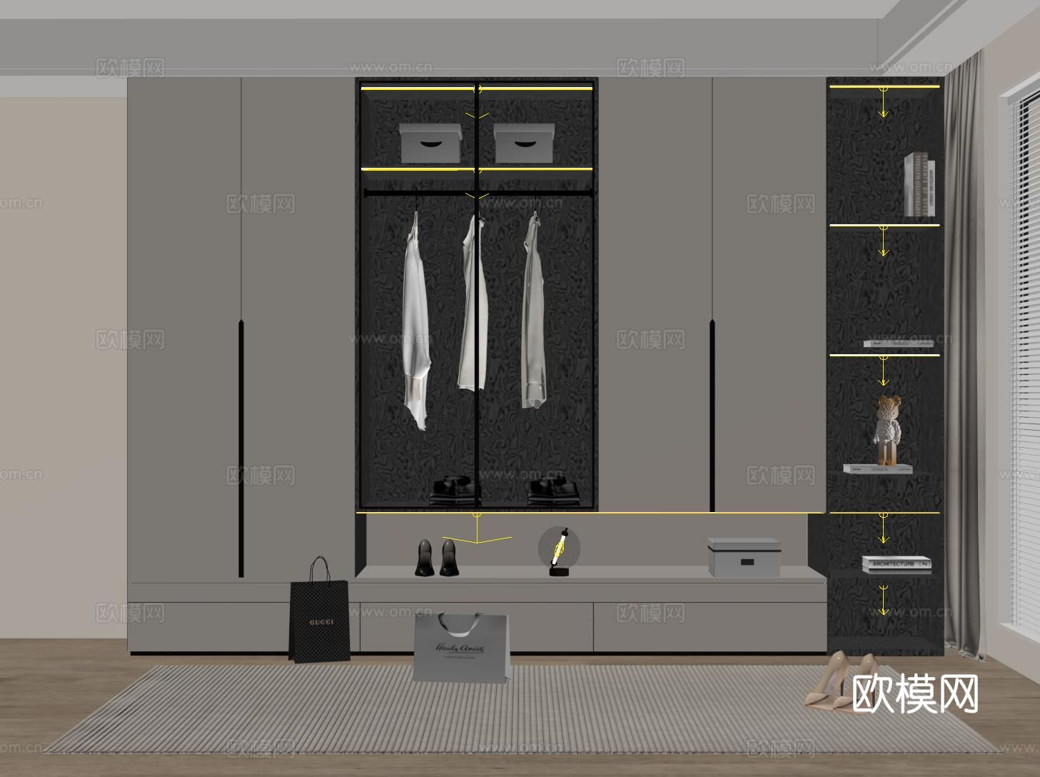 现代定制衣柜 开方格 玻璃门su模型