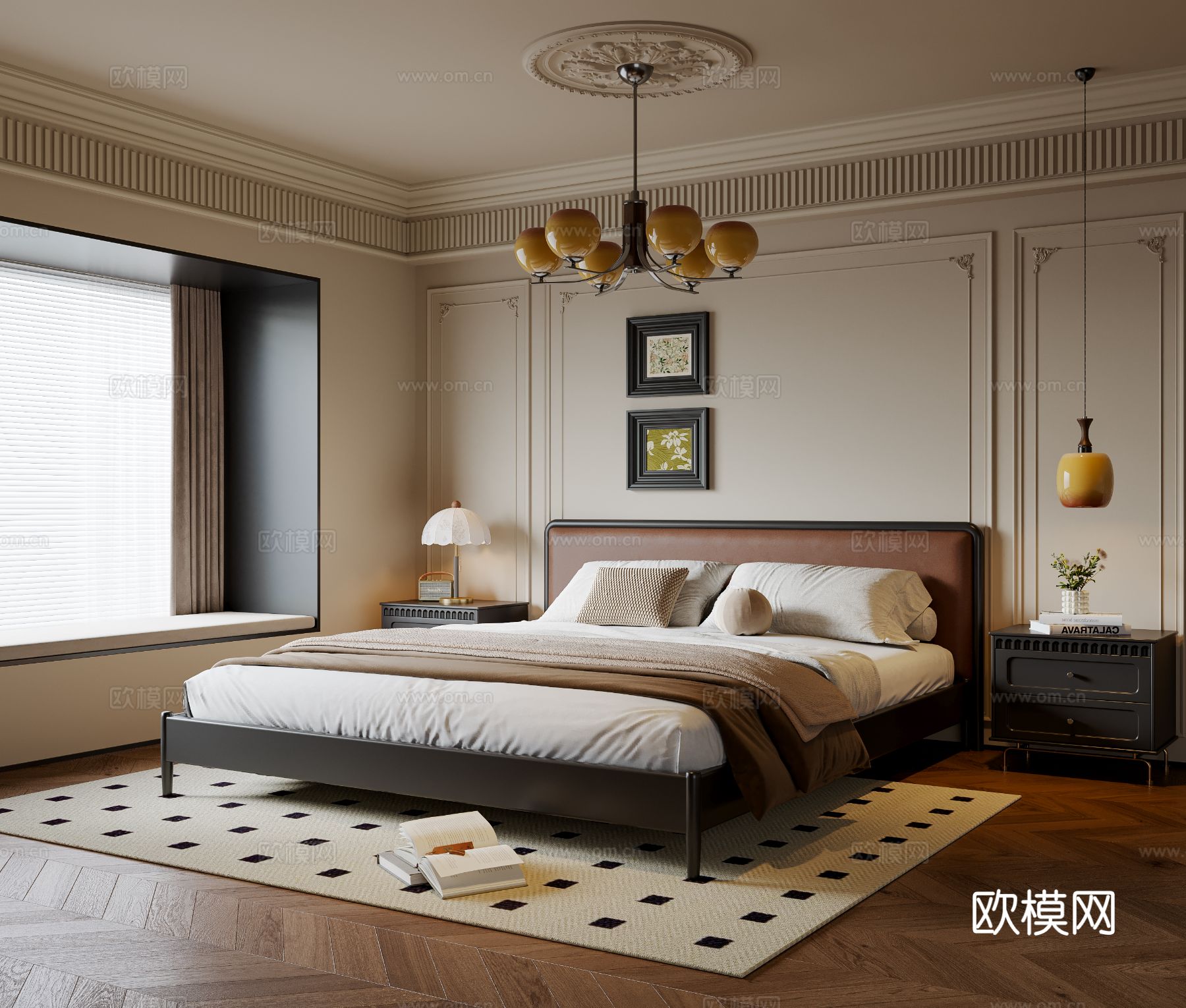 法式中古风卧室 实木双人床 床头柜 吊灯 挂画 地毯su模型