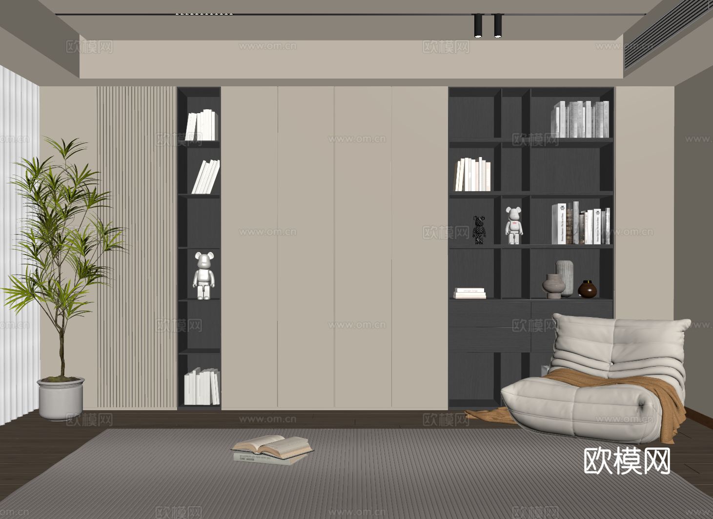 现代定制书柜 满墙开放书柜su模型