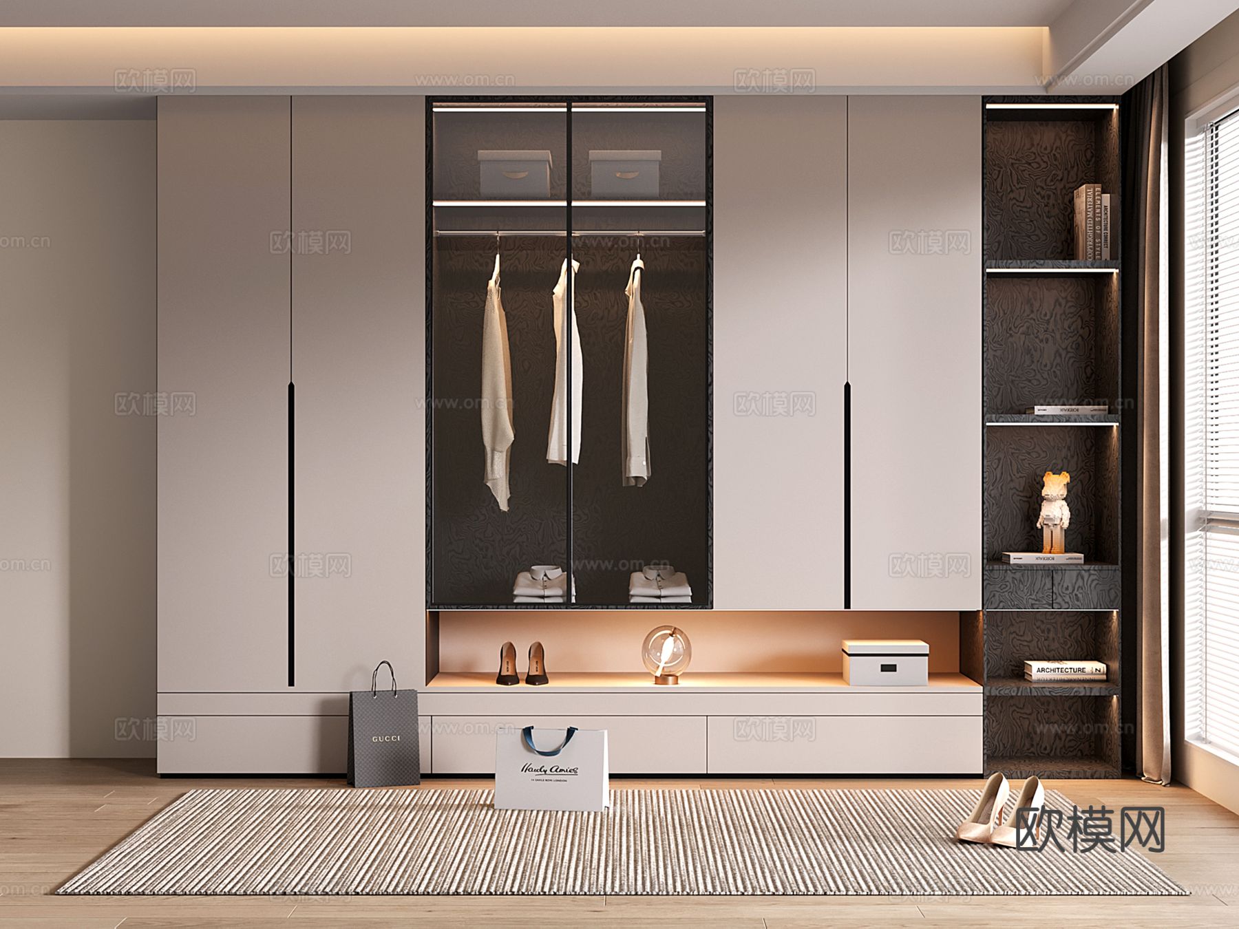 现代定制衣柜 开方格 玻璃门su模型