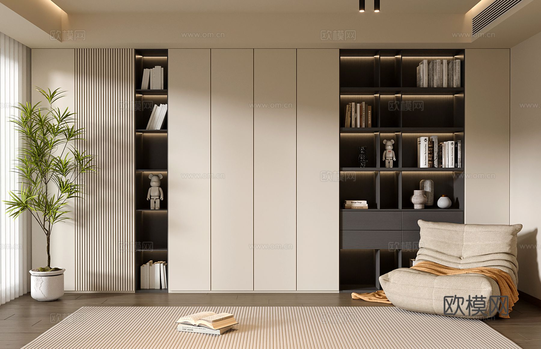 现代定制书柜 满墙开放书柜su模型