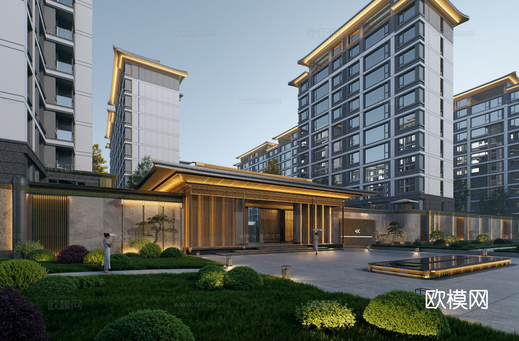 新中式高档高品质住宅小区外观效果图下载（渲染图1）