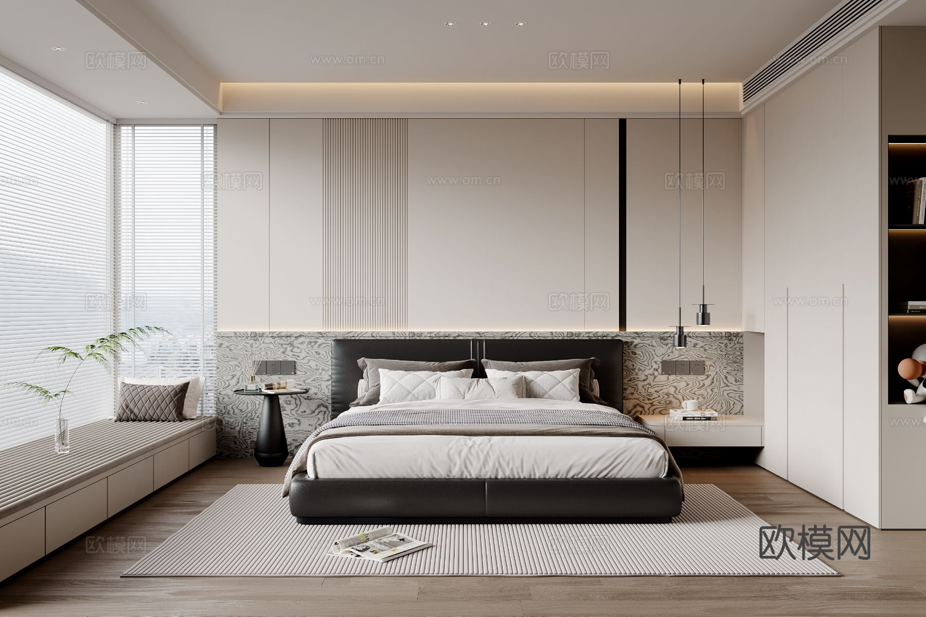 现代简约卧室 皮质双人床 床头柜 吊灯 衣柜 地毯su模型