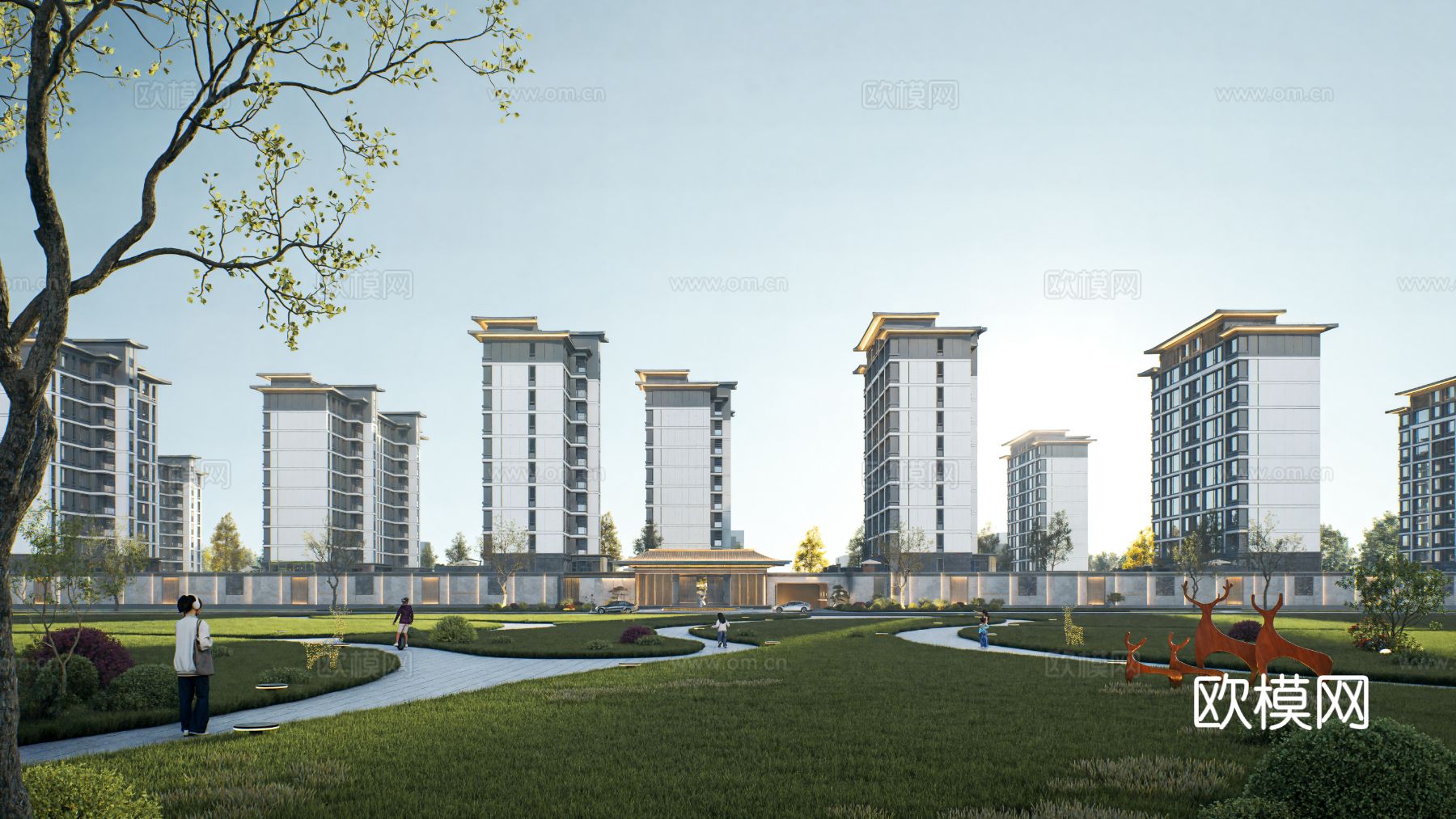 新中式高档高品质住宅小区外观效果图下载（渲染图3）