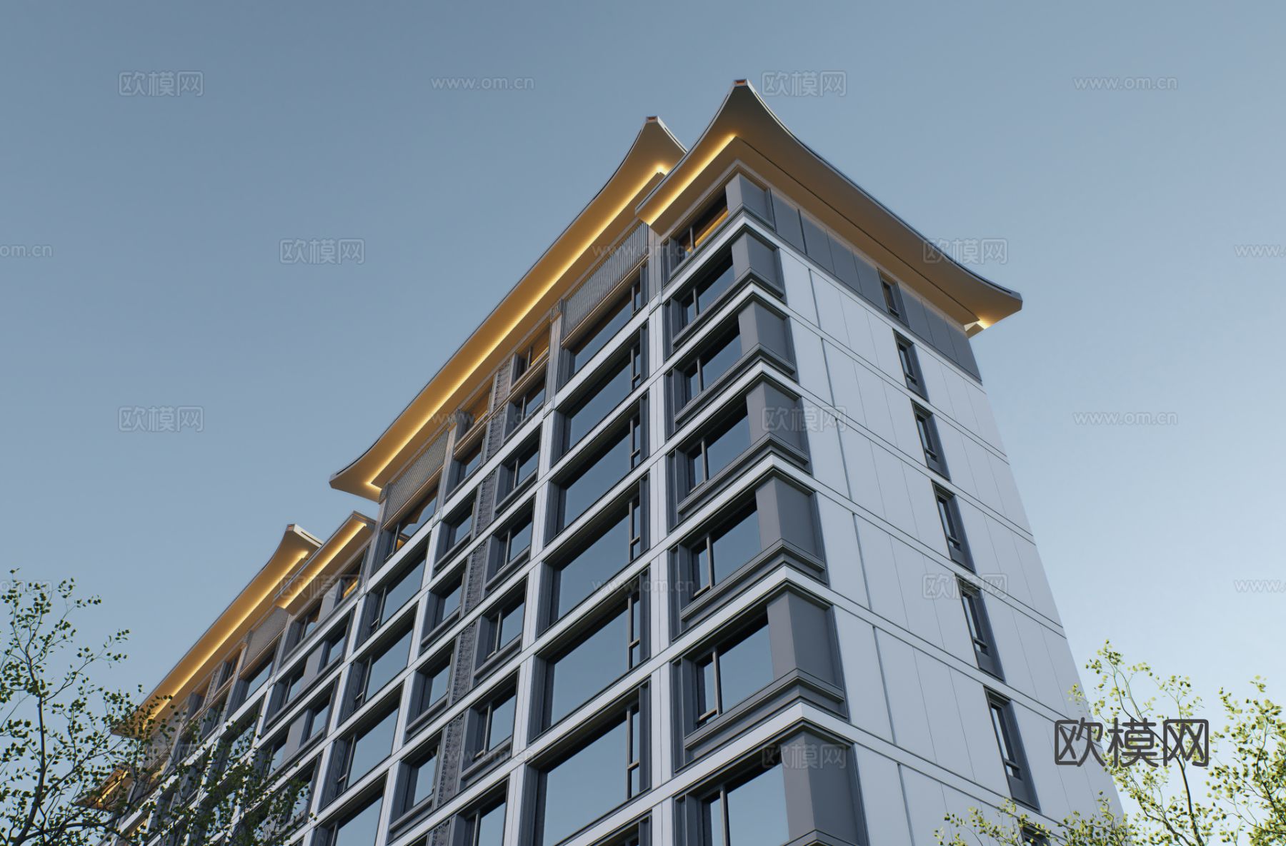 新中式高档高品质住宅小区外观效果图下载（渲染图13）