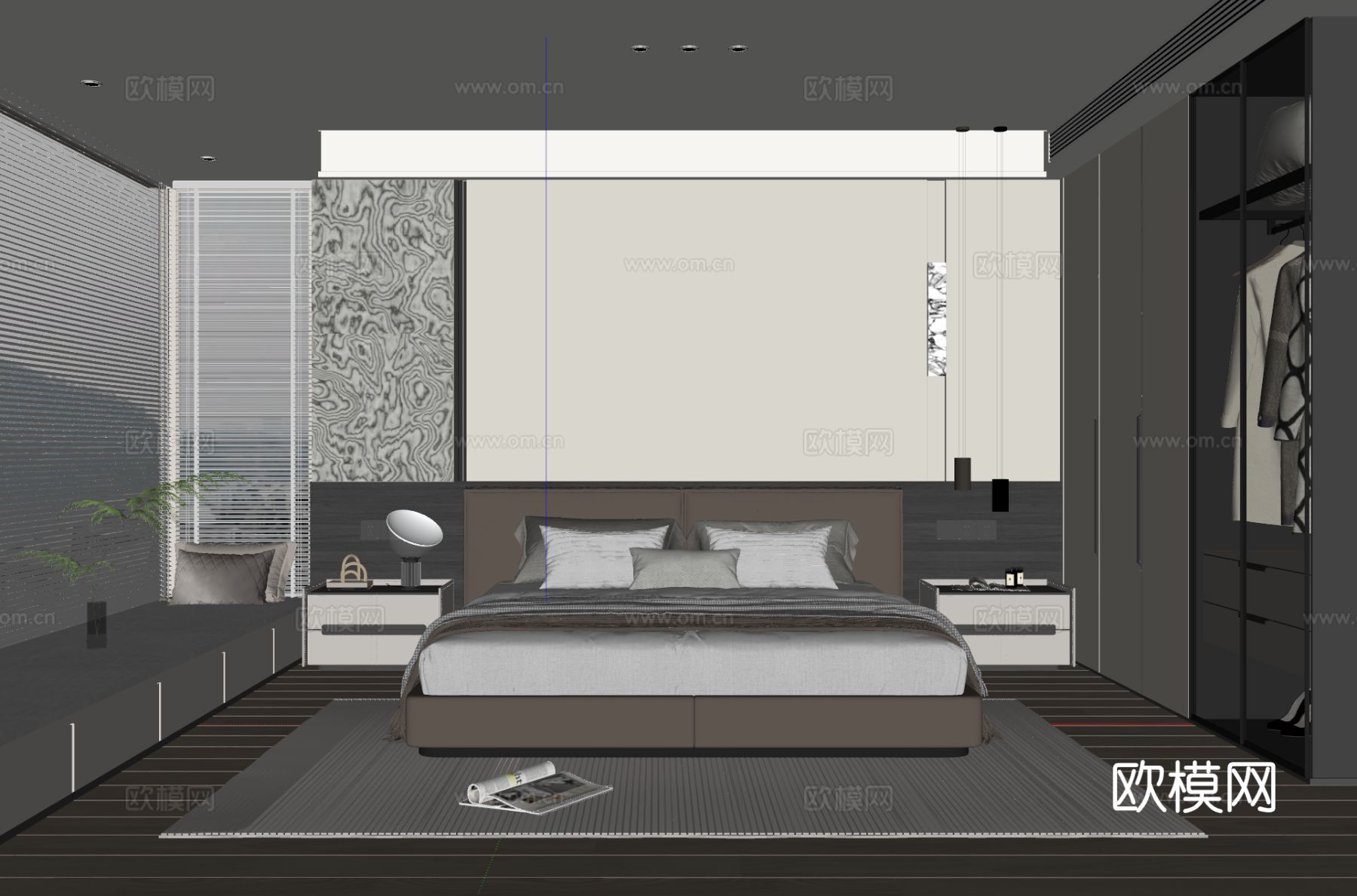 现代简约卧室 皮质双人床 床头柜 吊灯 衣柜 地毯su模型