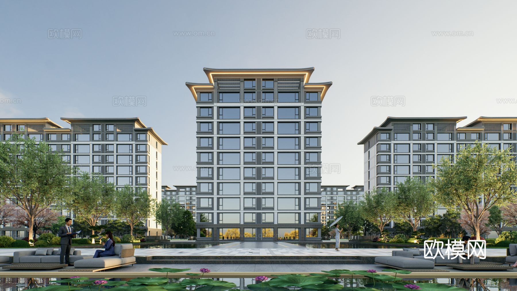 新中式高档高品质住宅小区外观效果图下载（渲染图6）