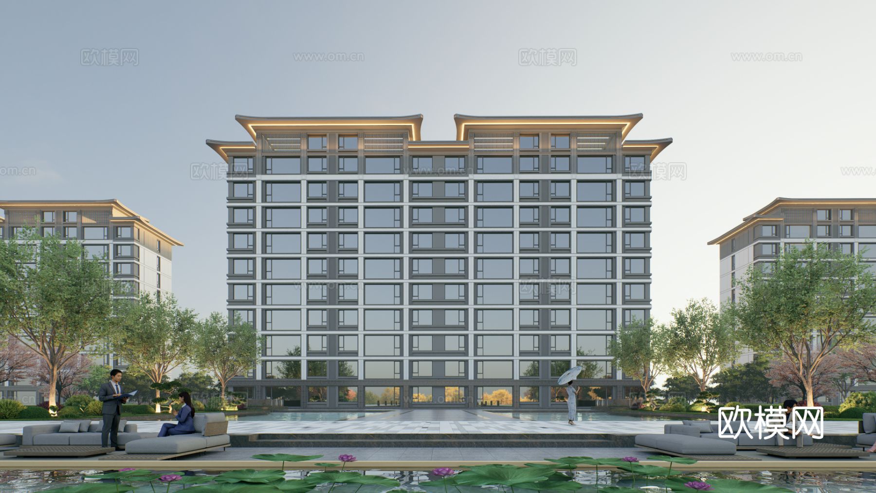 新中式高档高品质住宅小区外观效果图下载（渲染图2）