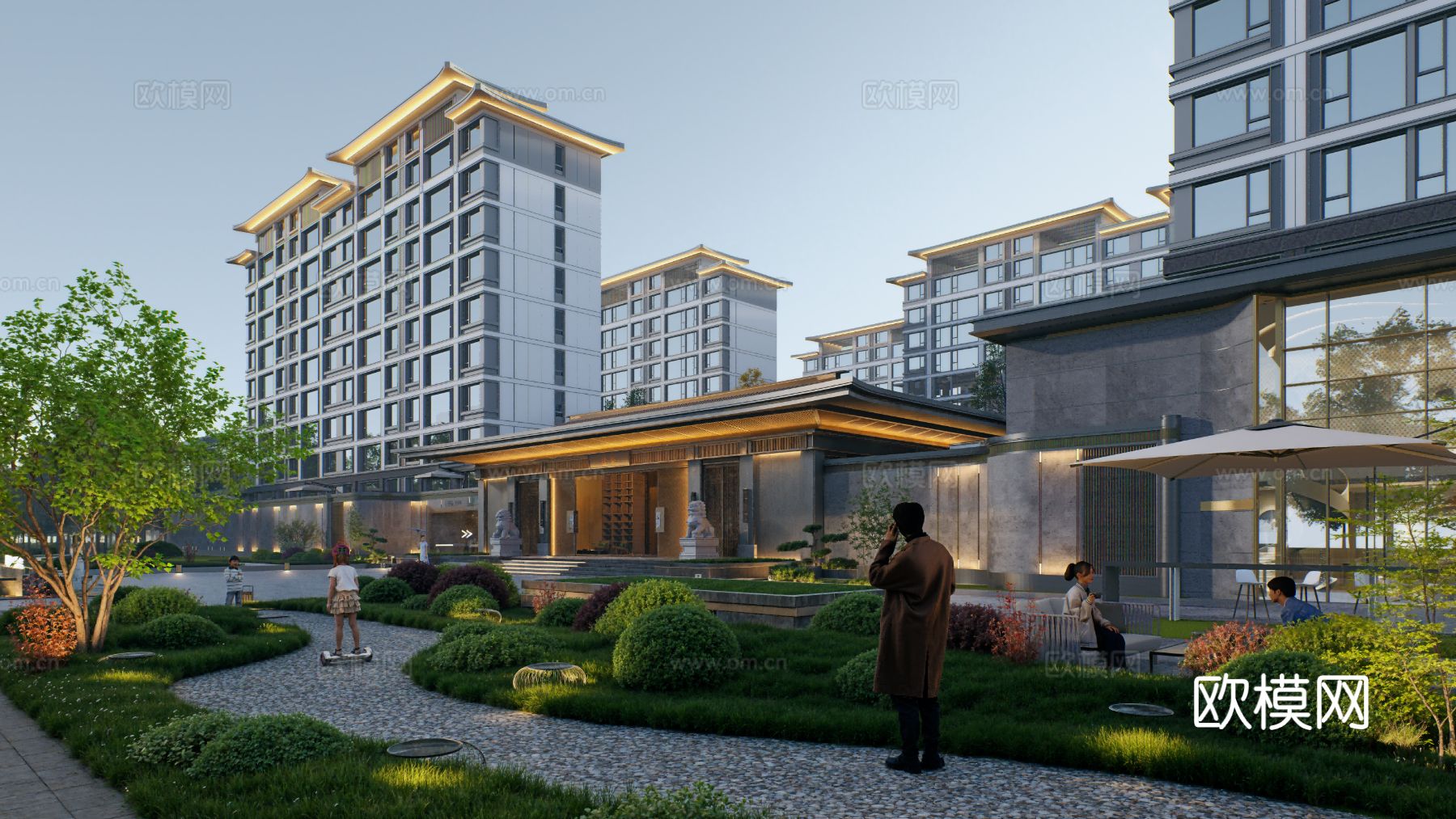 新中式高档高品质住宅小区外观效果图下载（渲染图4）