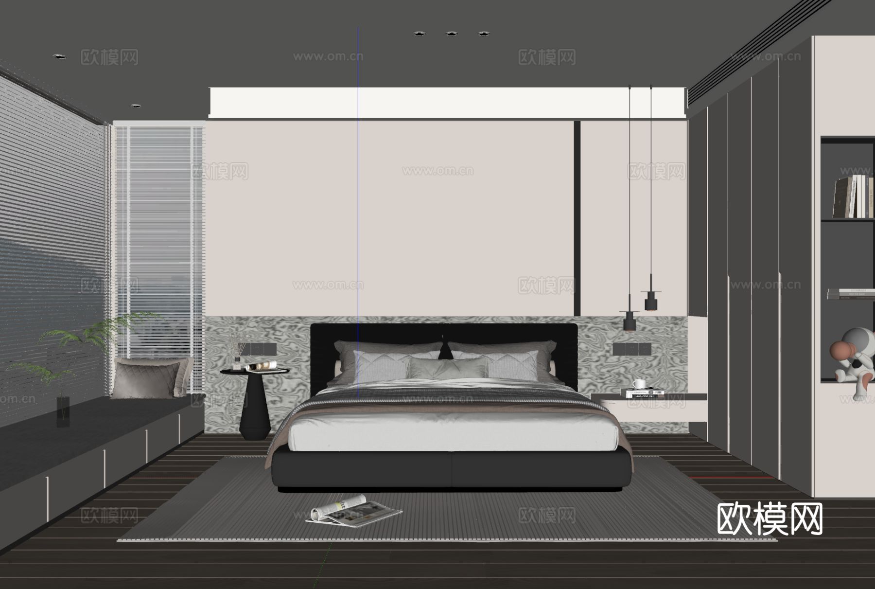 现代简约卧室 皮质双人床 床头柜 吊灯 衣柜 地毯su模型