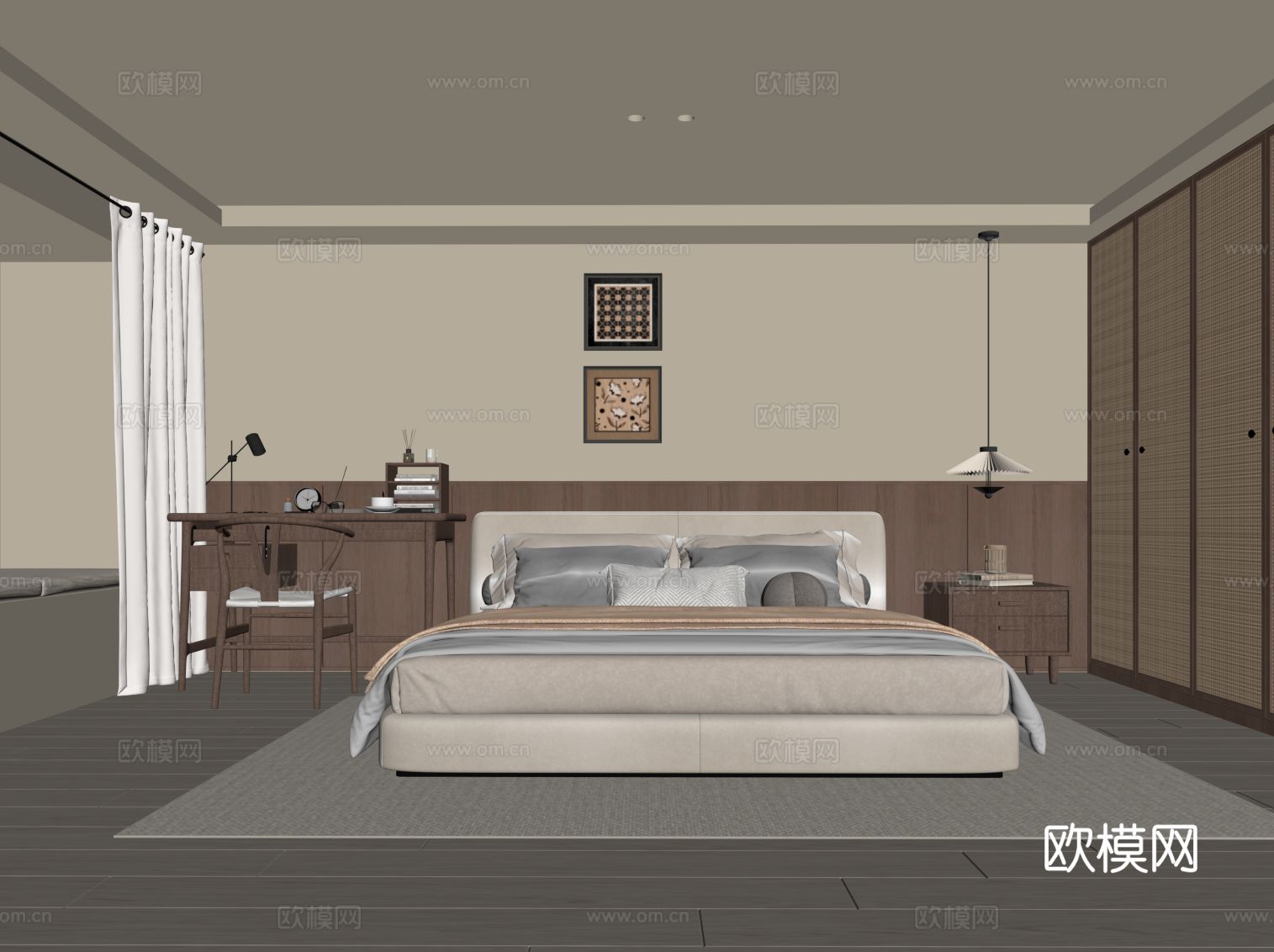 中古风卧室 双人床 衣柜 书桌椅su模型
