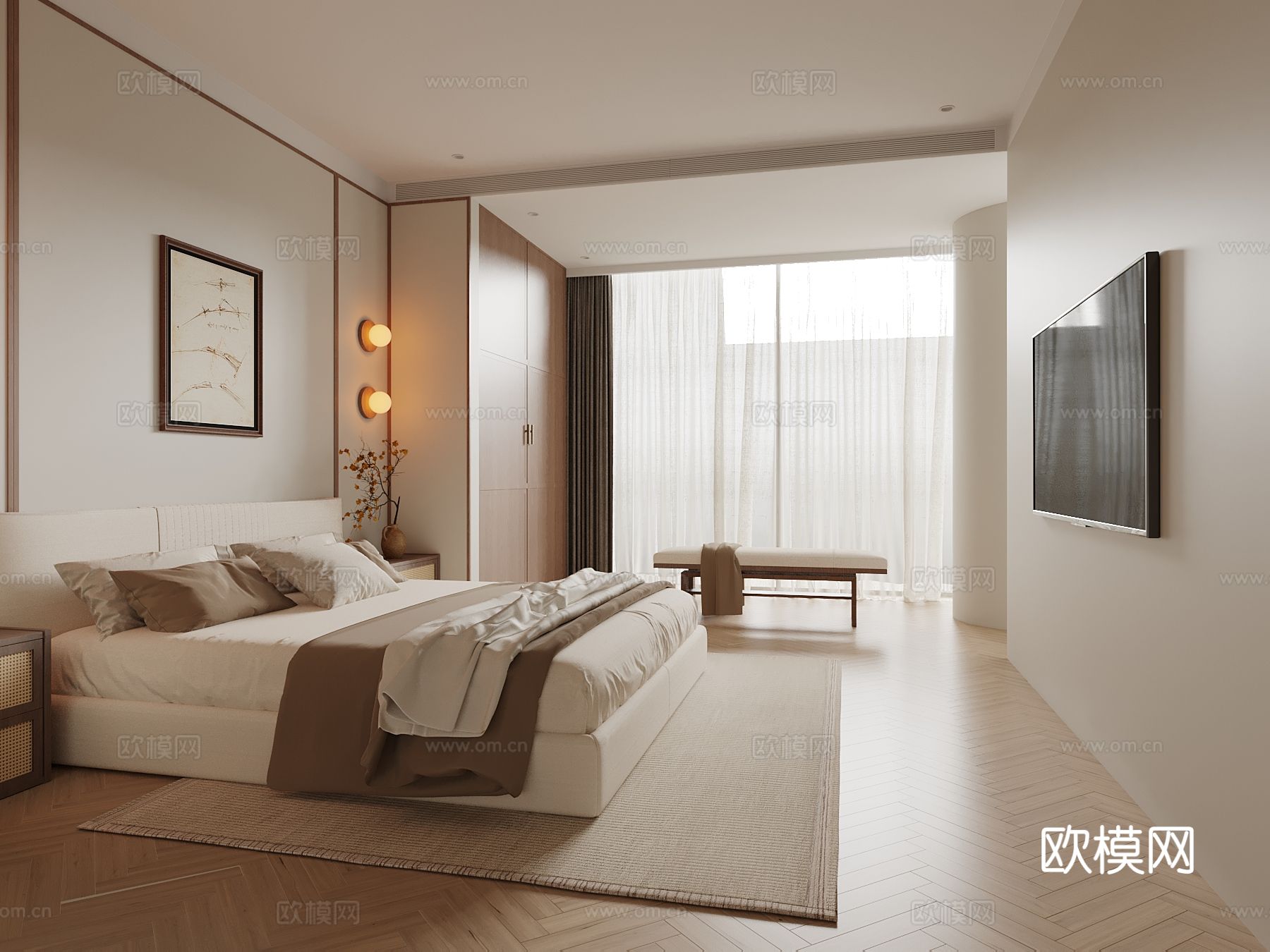 现代中古风卧室 双人床 衣柜su模型