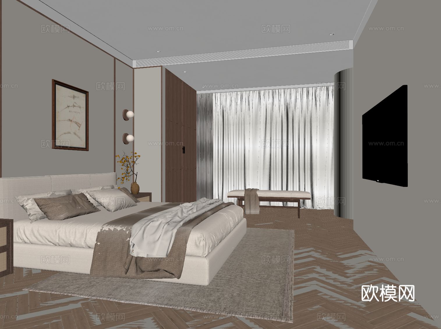 现代中古风卧室 双人床 衣柜su模型